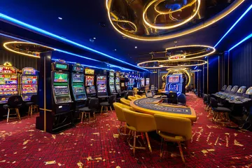Một hàng máy slot hiện đại rực rỡ ánh sáng trong không gian casino, nhấn mạnh bộ sưu tập trò chơi phong phú của FLY68 COM.